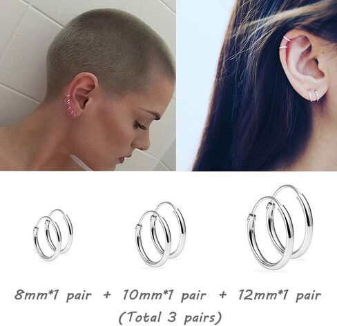 Silver Hoop Earrings for Women Men Girls- Cartilage Earring Endless Small Hoop Earrings Set,3 Pairs of Hypoallergenic 925 Sterling Silver Tragus Earrings Nose Lip Rings in Saudi Arabia