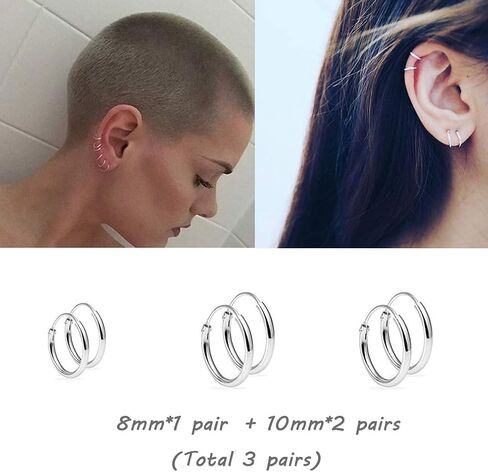 Silver Hoop Earrings for Women Men Girls- Cartilage Earring Endless Small Hoop Earrings Set,3 Pairs of Hypoallergenic 925 Sterling Silver Tragus Earrings Nose Lip Rings in Saudi Arabia