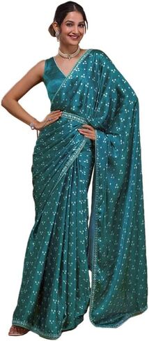 ساري نسائي من SIRIL شيفون شيفون مطبوع، دانتيل، شرابة (حزام) مع قطعة بلوزة غير مخيطة in Kuwait