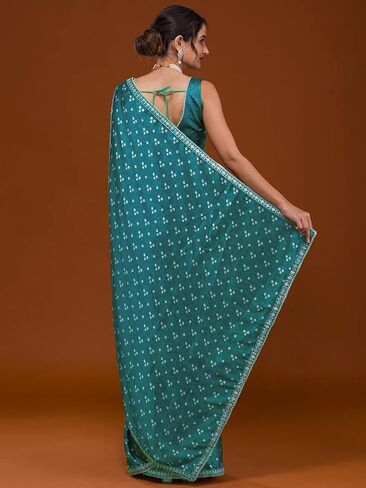 ساري نسائي من SIRIL شيفون شيفون مطبوع، دانتيل، شرابة (حزام) مع قطعة بلوزة غير مخيطة in Kuwait