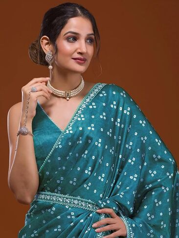 ساري نسائي من SIRIL شيفون شيفون مطبوع، دانتيل، شرابة (حزام) مع قطعة بلوزة غير مخيطة in Kuwait