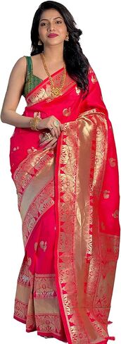 ساري هندي تقليدي للنساء من كنيتلي، ساري باناراسي ذهبي زاري من الحرير الناعم للنساء مع بلوزة غير مخيطة، احمر، مقاس واحد in Kuwait