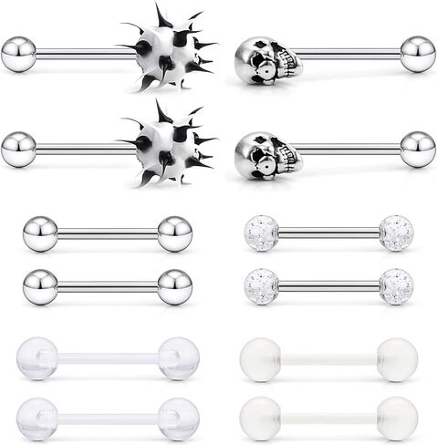 SCERRING 6 أزواج 14G الفولاذ المقاوم للصدأ لينة سيليكون واضح الاكريليك الجمجمة توهج في الظلام دعابة اللسان حلمات حلقة هيئة ثقب المجوهرات التجنيب in Kuwait