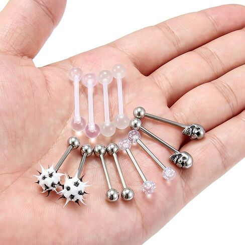 SCERRING 6 أزواج 14G الفولاذ المقاوم للصدأ لينة سيليكون واضح الاكريليك الجمجمة توهج في الظلام دعابة اللسان حلمات حلقة هيئة ثقب المجوهرات التجنيب in Kuwait