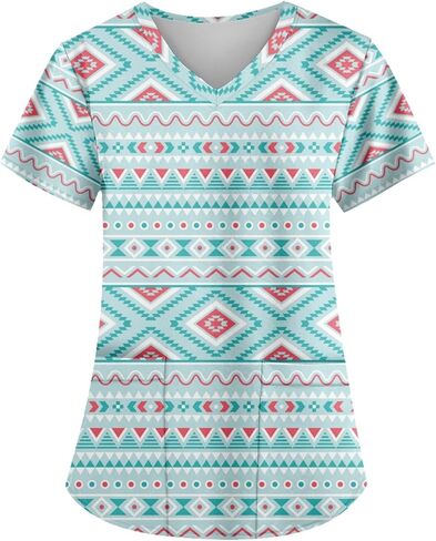 Women's V-Neck Short Sleeve Native Indians Aztec Print Scrub Shirts Nursing Tops with Two Pockets in Kuwait