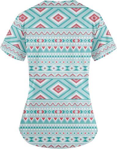 Women's V-Neck Short Sleeve Native Indians Aztec Print Scrub Shirts Nursing Tops with Two Pockets in Kuwait