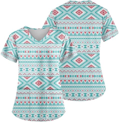 Women's V-Neck Short Sleeve Native Indians Aztec Print Scrub Shirts Nursing Tops with Two Pockets in Kuwait