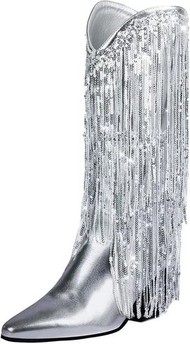 IIimmu هامش أحذية رعاة البقر للنساء راعية البقر المعدنية سباركلي الترتر منتصف العجل كعب مكتنز أشار تو الأحذية سحب على in Kuwait