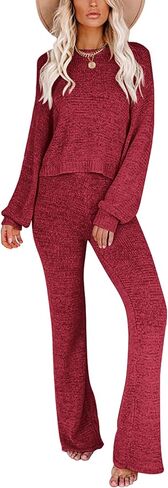 مجموعات صالة Ekouaer للنساء مكونة من قطعتين متماسكة مريحة بدون أكتاف سترة ملابس بلوفر وسراويل واسعة الساق بيجامة in Saudi Arabia