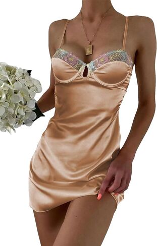 SweatyRocks Women's Lingerie Lace Trim Satin Silk Nightgown Sleepwear Dress in Kuwait