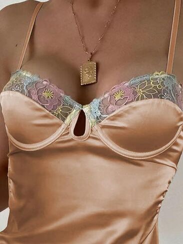 SweatyRocks Women's Lingerie Lace Trim Satin Silk Nightgown Sleepwear Dress in Kuwait