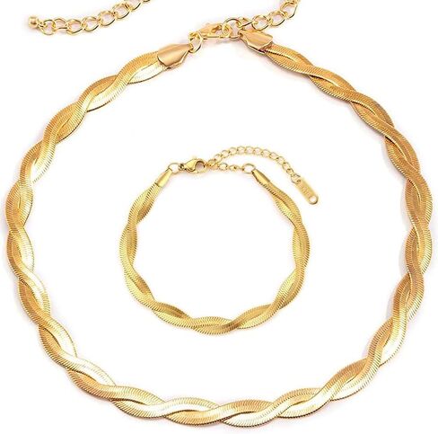 TUOKAY 14k Gold Twister Herringbone Necklace and Bracelet Set of 2 pcs Girls Herringbone Chain Necklace Herringbone Bracelet in Kuwait
