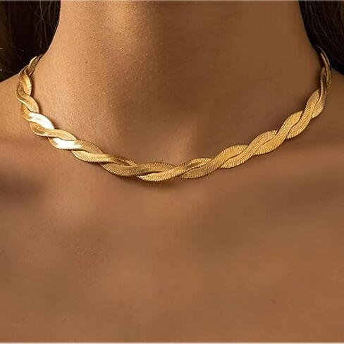 TUOKAY 14k Gold Twister Herringbone Necklace and Bracelet Set of 2 pcs Girls Herringbone Chain Necklace Herringbone Bracelet in Kuwait