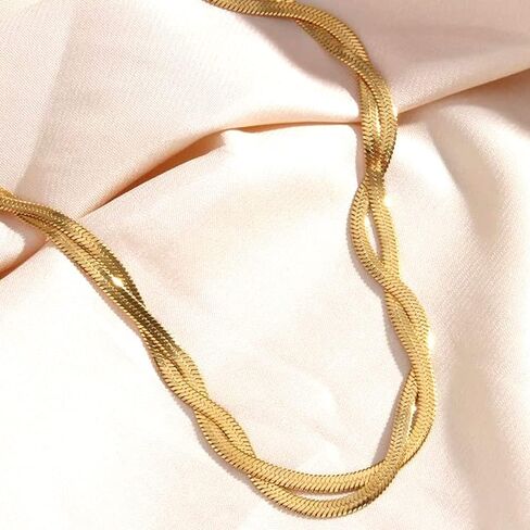 TUOKAY 14k Gold Twister Herringbone Necklace and Bracelet Set of 2 pcs Girls Herringbone Chain Necklace Herringbone Bracelet in Kuwait