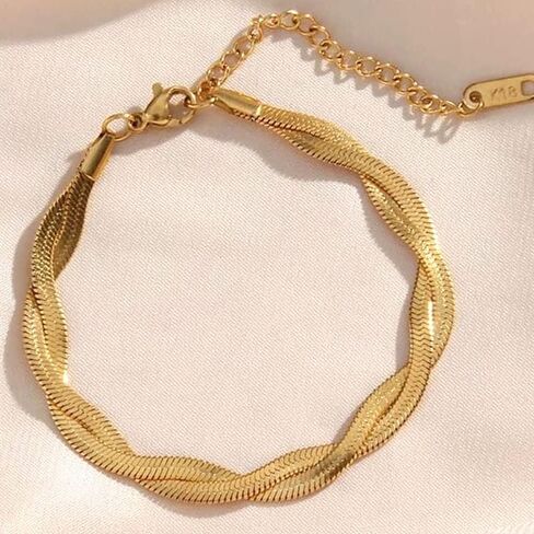 TUOKAY 14k Gold Twister Herringbone Necklace and Bracelet Set of 2 pcs Girls Herringbone Chain Necklace Herringbone Bracelet in Kuwait