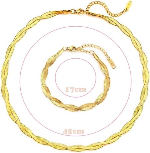 TUOKAY 14k Gold Twister Herringbone Necklace and Bracelet Set of 2 pcs Girls Herringbone Chain Necklace Herringbone Bracelet in Kuwait