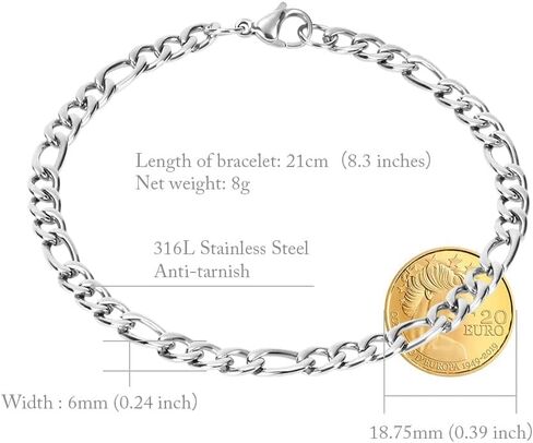 18K Gold Plated Bracelets for Men Women, Stainless Steel Cuban Bracelet, Figaro Chain Bracelet, 8.3'' Length, 6mm Width, Hypoallergenic Jewelry Gift for Men Women, Gold,Silver in Saudi Arabia