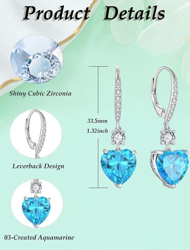 Women's Heart Dangle Earrings Sterling Silver Solitaire Drop Earring Birthstone Leverback Jewelry Gift in Kuwait
