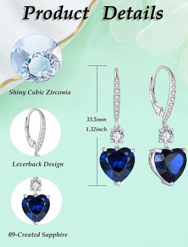 Women's Heart Dangle Earrings Sterling Silver Solitaire Drop Earring Birthstone Leverback Jewelry Gift in Kuwait