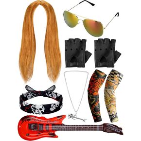9 Pcs Halloween 80s Rocker Costume Set Rock Wig Fabric Headband Tattoo Sleeve Gloves Cuff Glasses Inflatable Guitar (Fresh)