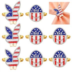 6/8 Pieces 4th of July Patriotic Napkin Rings Rhinestone American Flag Metal Napkin Ring Holders Independence Day Blue Red Star Napkin Ring Holder Buckle Table Ring for Dining Table (B-8PCS-Star)