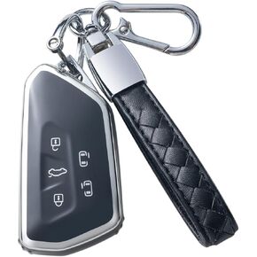 Compatible with VW Volkswagen Key Fob Cover with Leather Lanyard, Car Key Case Shell for VW ID.4 ID.3 Golf 8 2020 Skoda Octavia Seat Leon Smart Remote Control,White