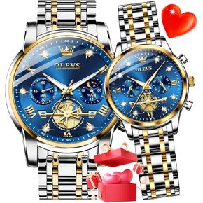 OLEVS Couple Watch His and Her Watch Set Analog Quartz Men's Women's Matching Watch Diamond Romantic Valentine’s Day Chronograph Watch