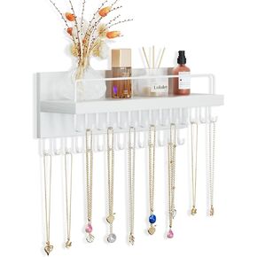 Lolalet Necklace Holder Hanging Necklace Organizer Wall Mounted Jewelry Organizer with 30 Hooks and Perfume Shelf, Wood Necklace Hanger Rack for Bracelets -White