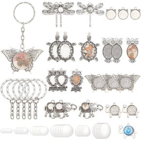 PH PandaHall 24 Set Cabochon Keychain Making Kit, 72Pcs Alloy Pendant Cabochon Settings Butterfly Dragonfly Owl Turtle Elephant Charms Cabochon Including Key Rings Glass Cabochons for Jewelry Making