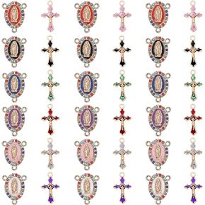 48Pcs/24Sets Rosary Making Kits Supplies Cross and Center Medal Charms Alloy Enamel Rhinestones Virgen de Guadalupe Charm Pendant for Diy Catholic Prayer Necklace