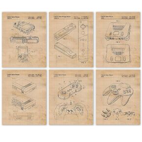 Vintage Video Games Console Controller Patent Prints, 6 (8x10) Unframed Photos, Wall Art Decor Gifts Under 25 for Home Office Garage Man Cave Shop College Student Teacher Comic-Con Nintendo Gaming Fan