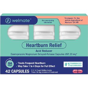 WELMATE - Esomeprazole Magnesium 20 mg - Heartburn Medicine - Acid Reducer - Delayed Release Heartburn Relief - 24hr Protection - for Men & Women - 42 Capsules - 1 Pack