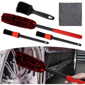 5 PCS Professional Car Engine Bays Details Cleaning Kit for Daily Wheel Cleaning with Cars RV Truck, Long Handle Brush, Soft Bristle Brush, Tire Brush, Detailing Brush, and Microfiber Towel