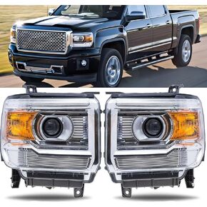 ROXX Projector Headlight Compatible with 2014 2015 GMC Sierra 1500, 2015-2019 GMC Sierra 2500 HD/3500 HD Factory Halogen Headlights w/o LED DRL Replacement Headlamps Left + Right Pair Assembly