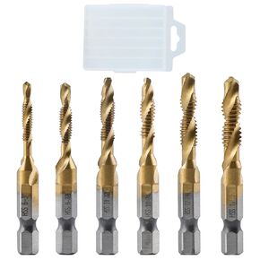 Titanium Combination Drill and Taps Bit Set, 1/4" Hex Shank HSS Spiral Flute Tap Set SAE 6-32NC 8-32NC 10-32NC 10-24NC 12-24NC 1/4-20NC Screw Tapping Bit for Drilling Tapping Countersinking