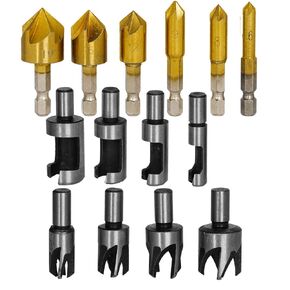 Woodworking Drilling or Chamfer tool,8PCS Wood Plug cutter,6pcs 1/4" Hex 5 Flute 90 Degree Countersink Drill Bits,7pcs Three Pointed Countersink Drill Bit with L-wrench and Automatic center punch