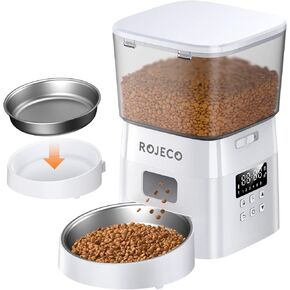 ROJECO Automatic Cat Feeders,8cup/68oz Automatic Cat Food Dispenser,Program 1-6 Meals Control,2L Auto Timed Cat Feeder for Dry Food,Cats&Puppy Dogs Pet Feeder,Support Dual Power Supply