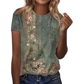 IWOLLENCE Women's Vintage Floral Crewneck Short Sleeve Tops Casual Summer Wildflower Plant Tee Shirts