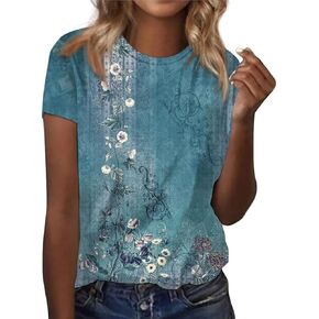 IWOLLENCE Women's Vintage Floral Crewneck Short Sleeve Tops Casual Summer Wildflower Plant Tee Shirts