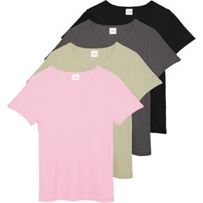 Real Essentials 4 Pack: Women's Ribbed Knit Short Sleeve Crew Neck T-Shirt (Available in Plus)