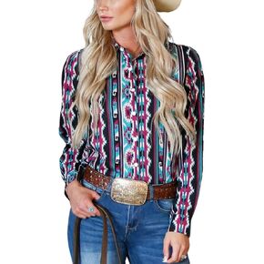 Womens Aztec Pearl Snap Shirts Rodeo Western Show Tops Lapel Button Up Blouse Long Sleeve Cowgirl Tunic