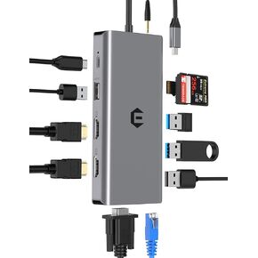 12 in 1 USB C Docking Station, Tymyp USB C Hub, 2 * 4K HDMI, VGA, 3 x USB A Ports, 3.5mm Audio/Mic, SD/TF Card Reader, 100W PD, Ethernet Port, Compatible with Mac Pro/Air/Windows Laptops