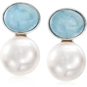 Ross-Simons 13.5-14mm Cultured Pearl and 10.00 Aquamarine Earrings in Sterling Silver