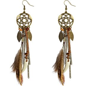 KaFu Punk Vintage Brown Long Tassel Feather Beads Drop Wolf Tooth Pendant Earring Bohemian Fish Hook Dream Catcher Design Earrings Gift for women and grils