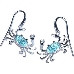 Blue Crab Dangle Earrings - Sterling Silver and Vitreous Enamel