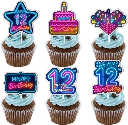 18pcs Blue Fluorescence Glitter Dessert Cupcake Topper Cheer to Let’s Glow Crazy Happy 10th Birthday Theme Decoration Supplies Anniversary Wedding Party Decor Supplies in Saudi Arabia