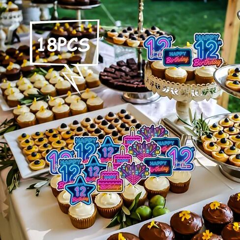 18pcs Blue Fluorescence Glitter Dessert Cupcake Topper Cheer to Let’s Glow Crazy Happy 10th Birthday Theme Decoration Supplies Anniversary Wedding Party Decor Supplies in Saudi Arabia