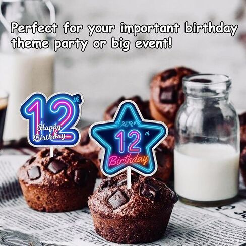 18pcs Blue Fluorescence Glitter Dessert Cupcake Topper Cheer to Let’s Glow Crazy Happy 10th Birthday Theme Decoration Supplies Anniversary Wedding Party Decor Supplies in Saudi Arabia