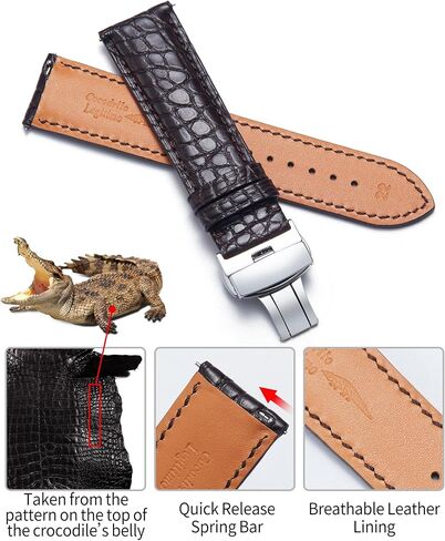 BINLUN Alligator Grain Leather Watch Bands for Men Watch Straps Handmade Crocodile Grain Quick Release Replacment Genuine Classic Leather Women Watchband Deployment Black Brown in Saudi Arabia