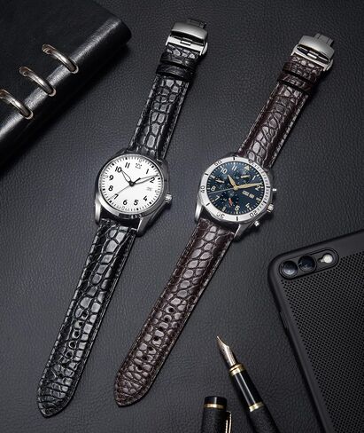BINLUN Alligator Grain Leather Watch Bands for Men Watch Straps Handmade Crocodile Grain Quick Release Replacment Genuine Classic Leather Women Watchband Deployment Black Brown in Saudi Arabia